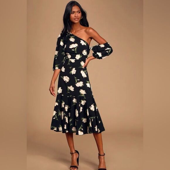 Lulus Florally in Love Black Floral Print Asymmetrical Midi
Dress - Picture 2 of 5